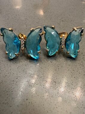 Gold & Teal Crystal Butterfly Statement Earrings  - Women Jewelry